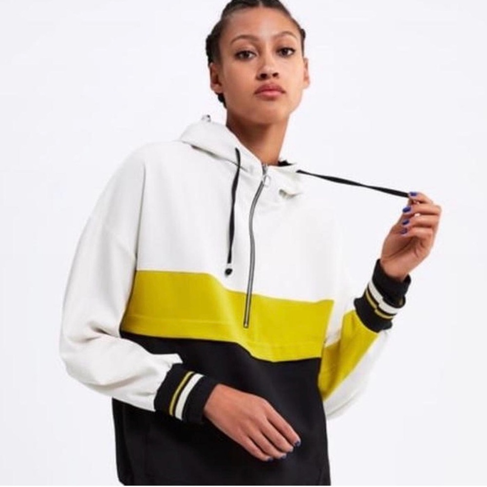 Zara White Yellow Black Colorblock Hoodie